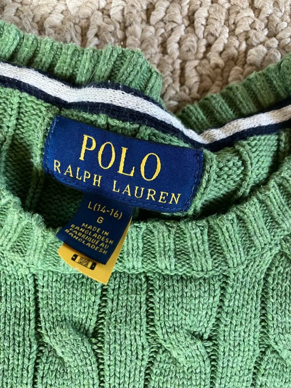 Polo Ralph Lauren Boys Green Cable Knit Sweater L (14-16) 100% Cotton